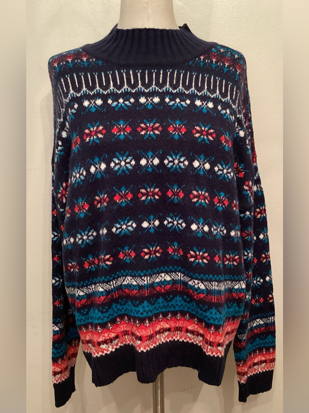 LOFT Navy Fair Isle Ski Sweater Mock Neck Pullover Cozy Winter Knit Size Large
